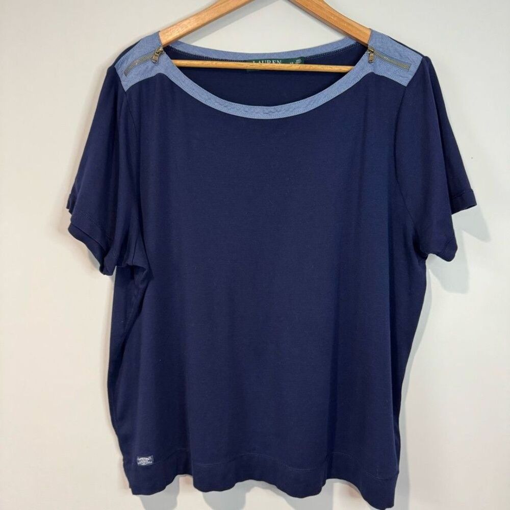 Lauren Ralph Lauren Navy Short Sleeve Knit Top Denim & Zipper Details Size 3X